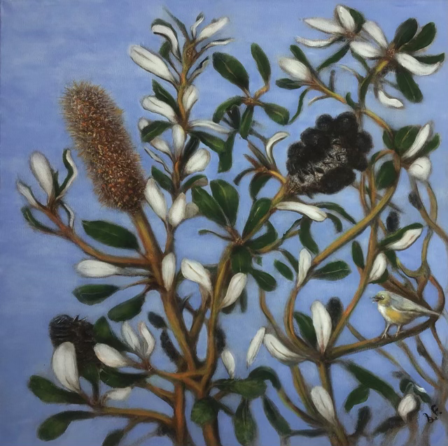 Bird in the Banksia painting by Lyn Fraser