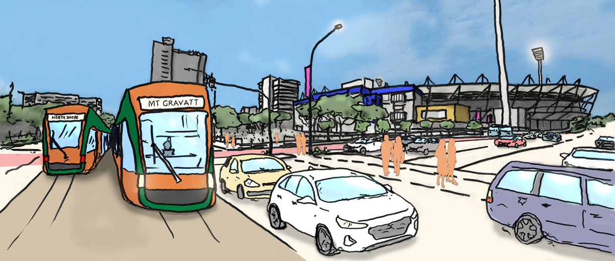 Sketch of The Gabba with trams