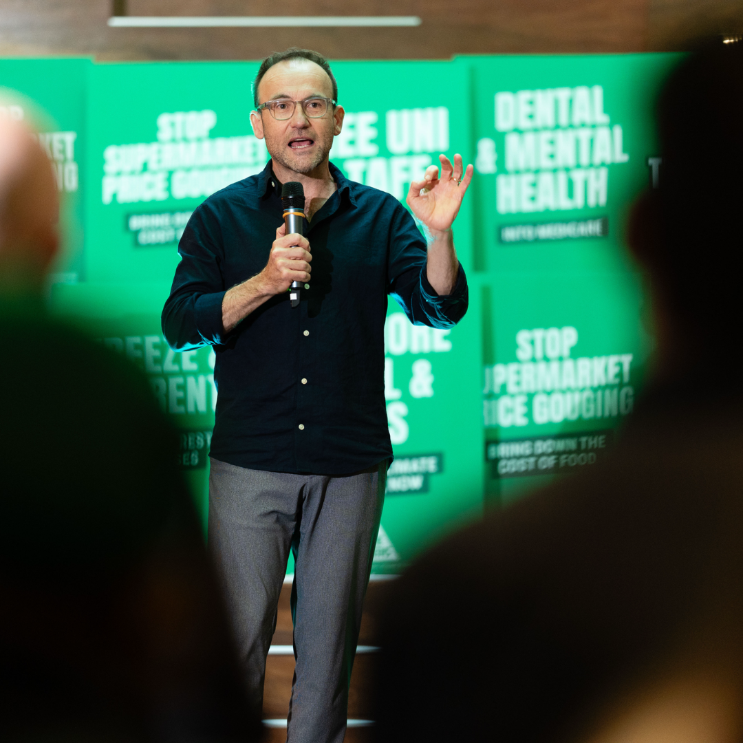 Picture of Adam Bandt, speaking to a crowd