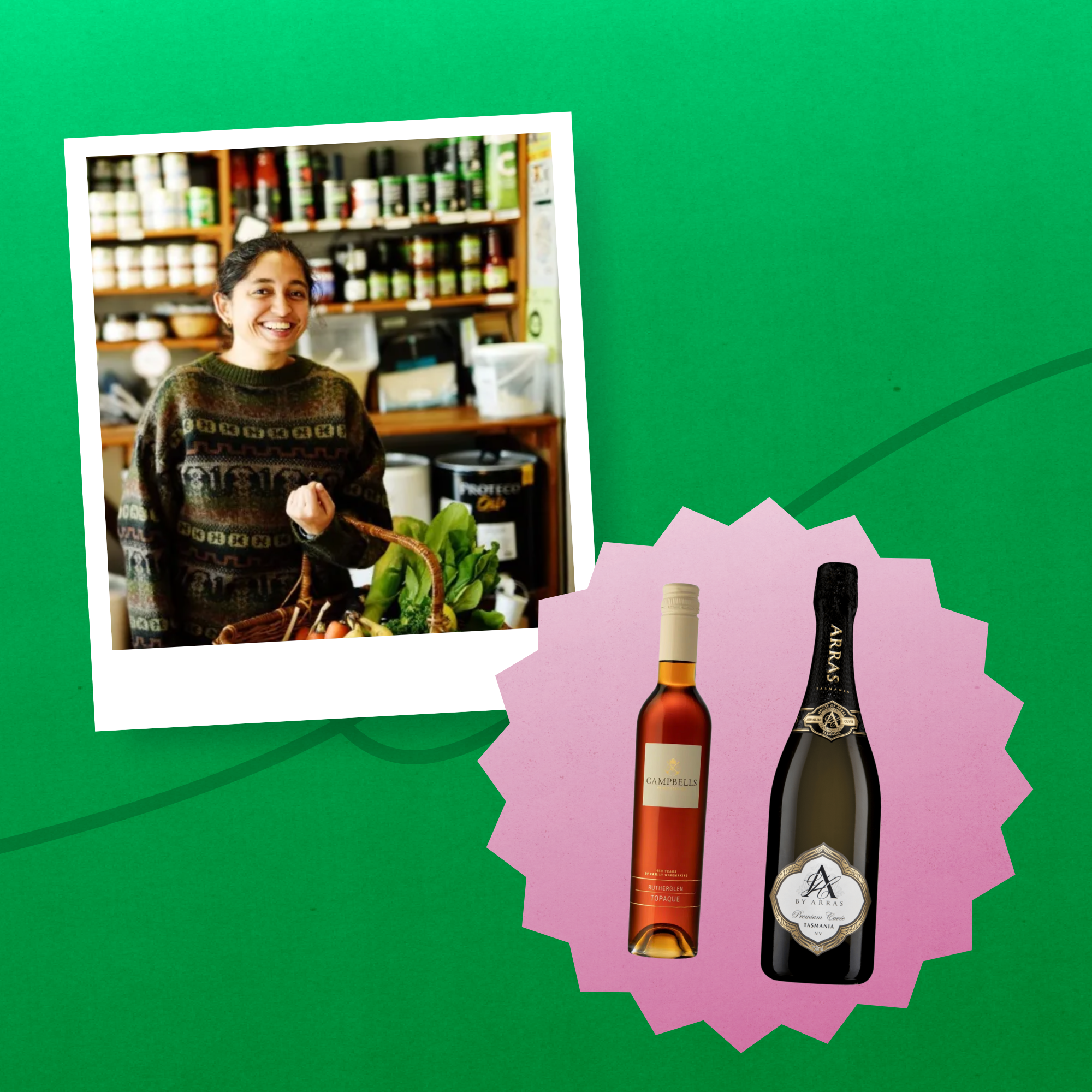 Image of person at the Food Co-op holding a basket of food goods, beside is a star shaped pink sticker with 2 bottles of wine.