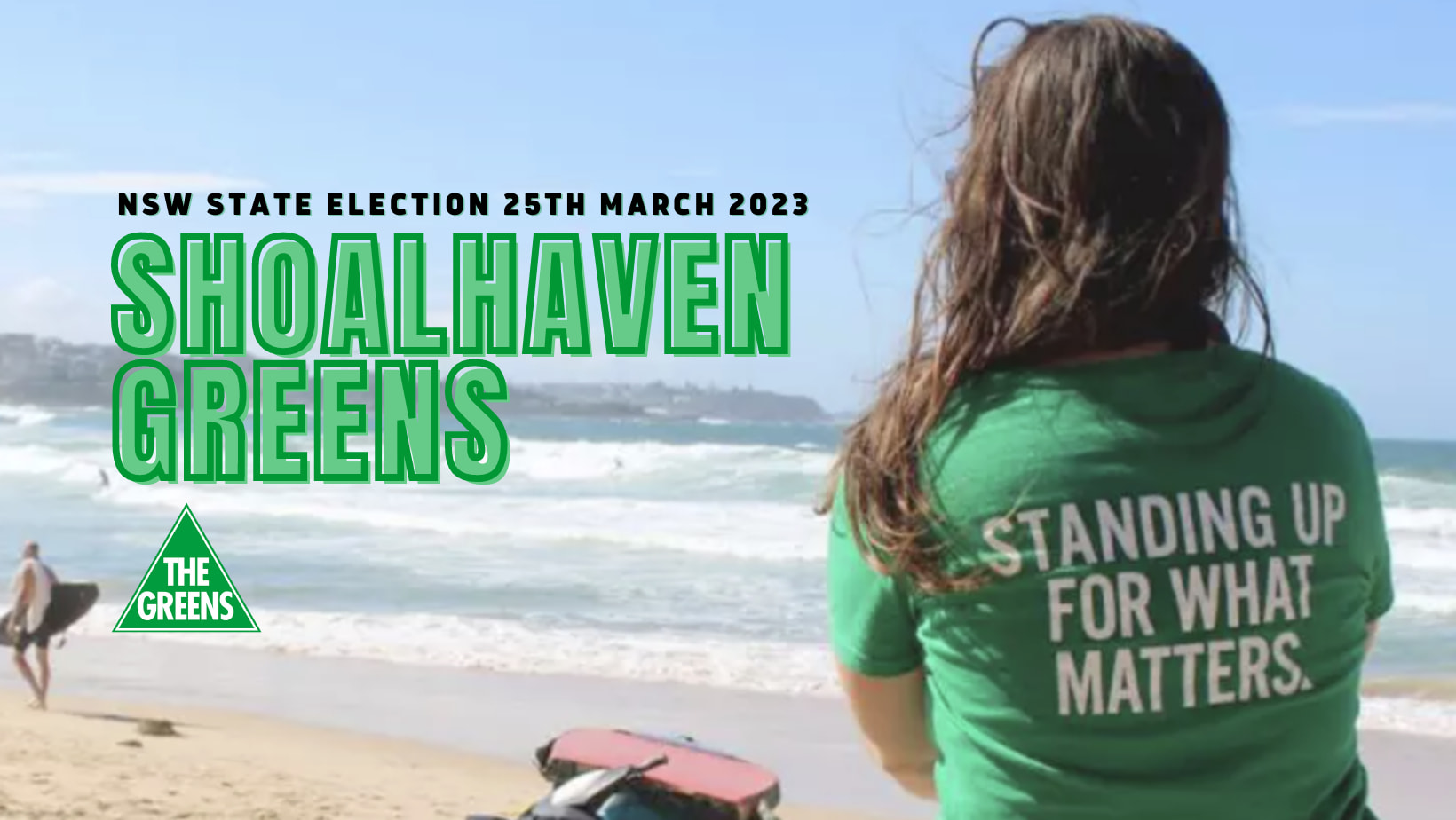 Woman sitting on a beach with Green tshirt 