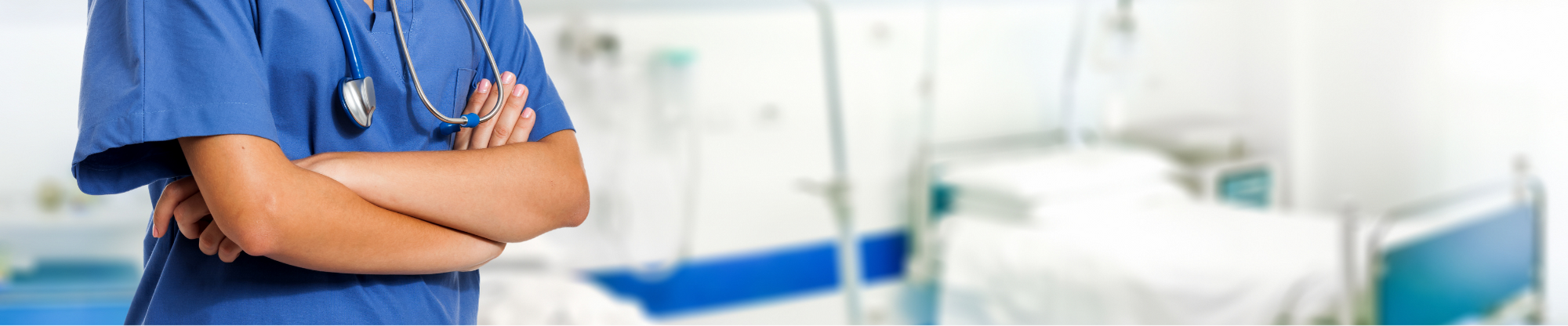 Image of a medical professional in the foreground with stethoscope, a hospital room is blurred in the background.