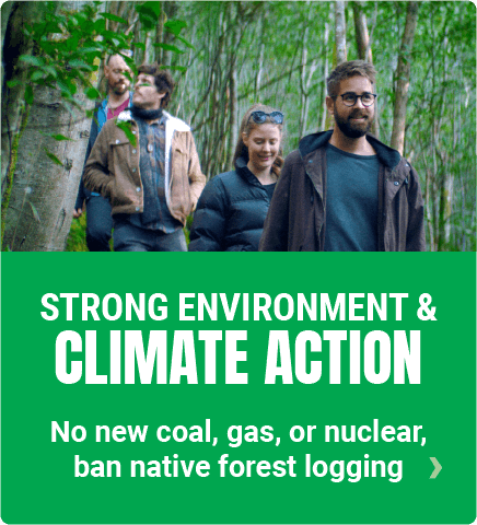 STRONG ENVIRONMENT &amp; CLIMATE ACTION – No new coal, gas or nuclear, end native forest logging