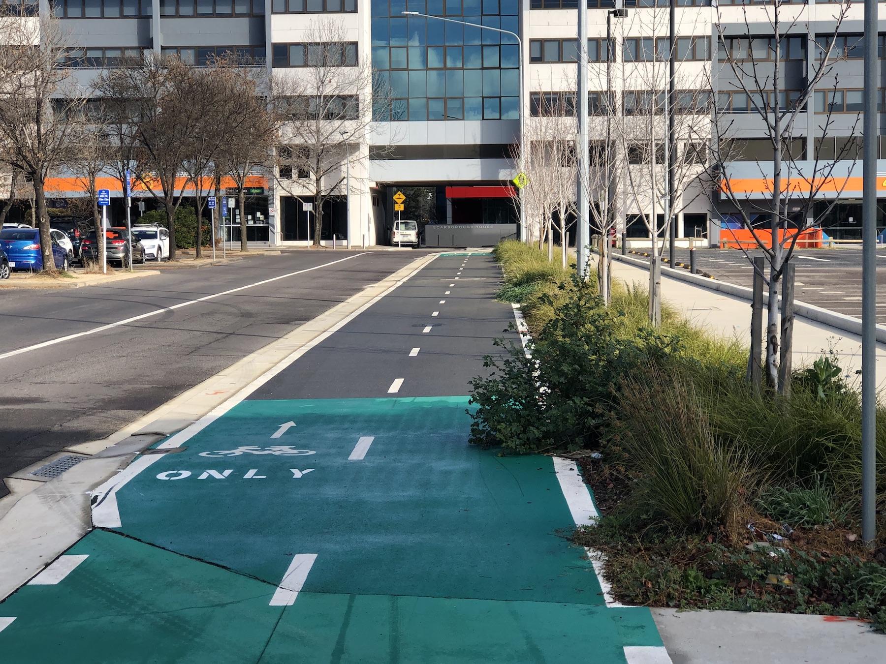 Image of a road with car lane on left side of image. In the middle of the image is a cycle lane, separated from the car lane by a raised kerb and painted green with a white bicycle symbol on it. To the right of the cycle lane are bushes separating it from a pedestrian footpath.